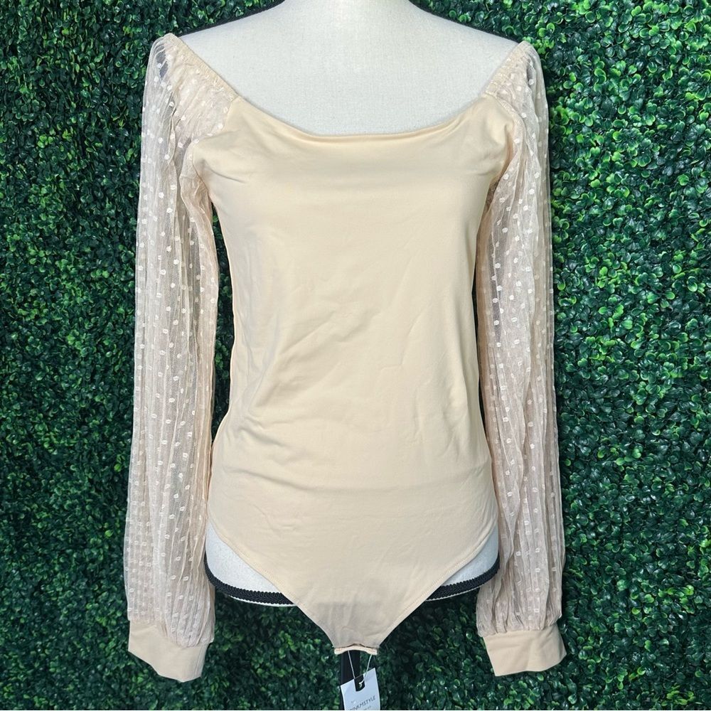 NWT Nude Bodysuit Swiss Dot Off Shoulder Sheer Sleeves PINKMSTYLE Sz L